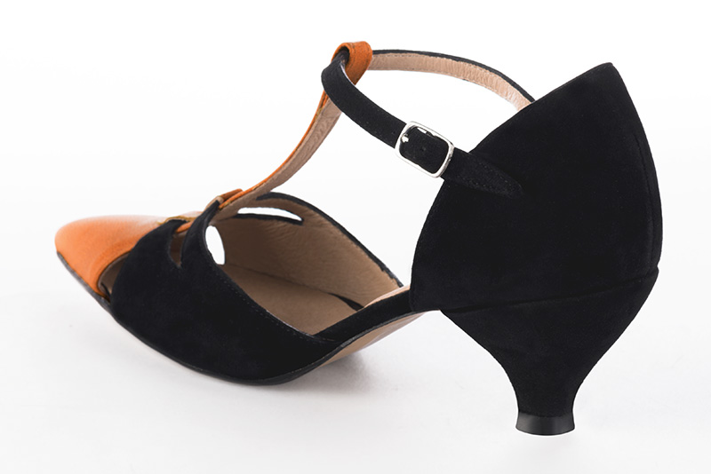 Apricot orange and matt black women's T-strap open side shoes. Tapered toe. Medium spool heels. Rear view - Florence KOOIJMAN